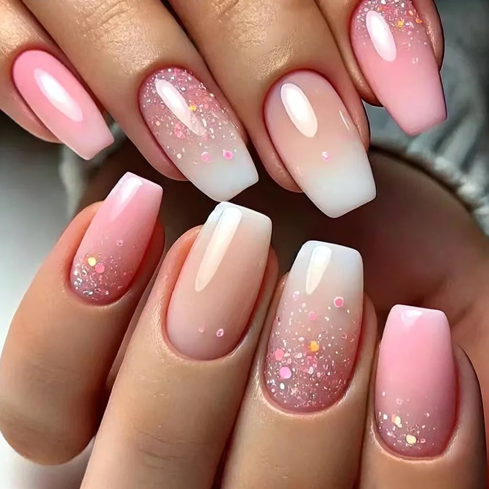 24pcs/set short Medium square fake nails for women gradient nude pink flowers french almond summer tips press on false nail art