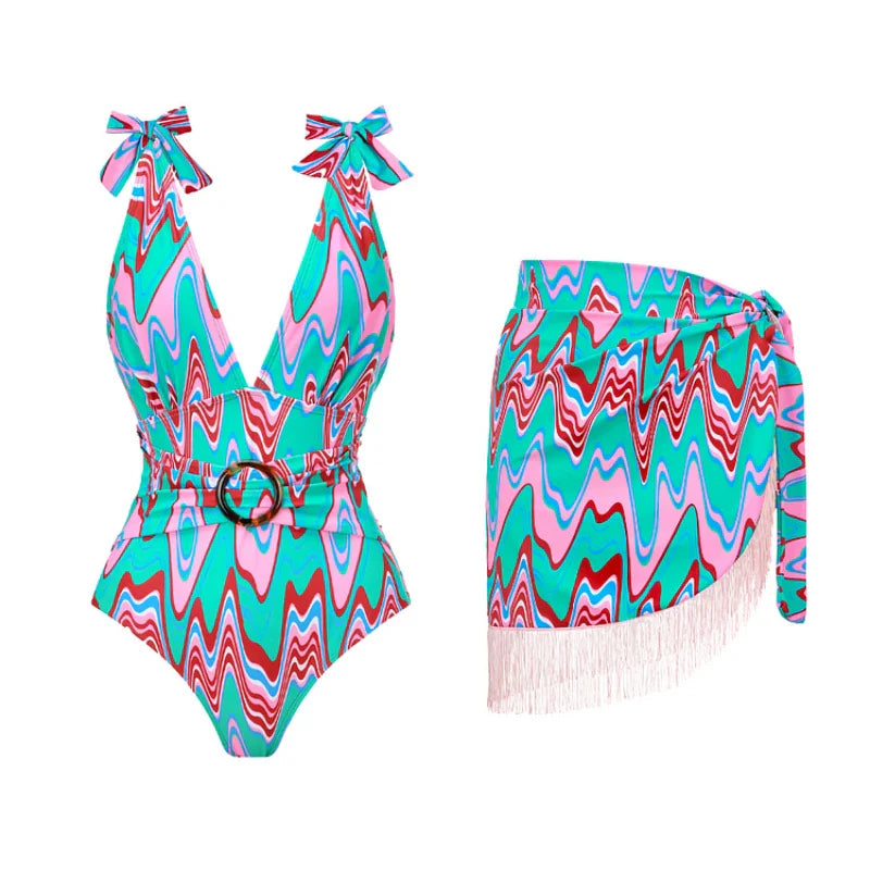One Piece Swimsuit Bow Tie Shoulder Strap Swimwear Women Tassel Skirt Beachwear Luxury Bathing Suit New Beach Wear Vacation