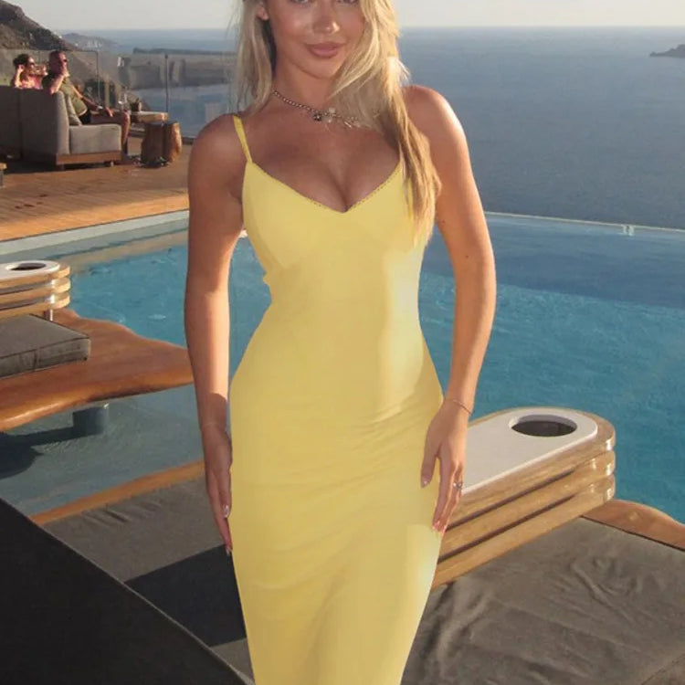 Spaghetti Strap Backless Sexy Maxi Dress For Women Gown Summer Yellow Sleeveless Bodycon Long Dress Vestido