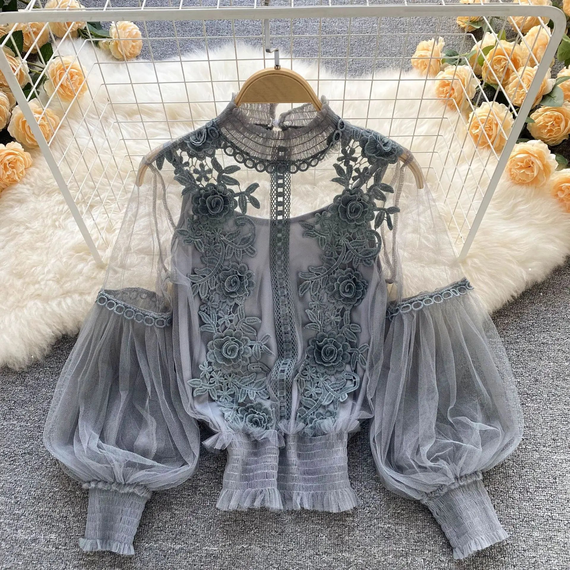 Flower Lace Women Shirts Fashion Slim Lantern Sleeve Ladies Blouse Comfortable Vintage Autumn Winter Thin Perspective Gauze Tops GRAY One Size