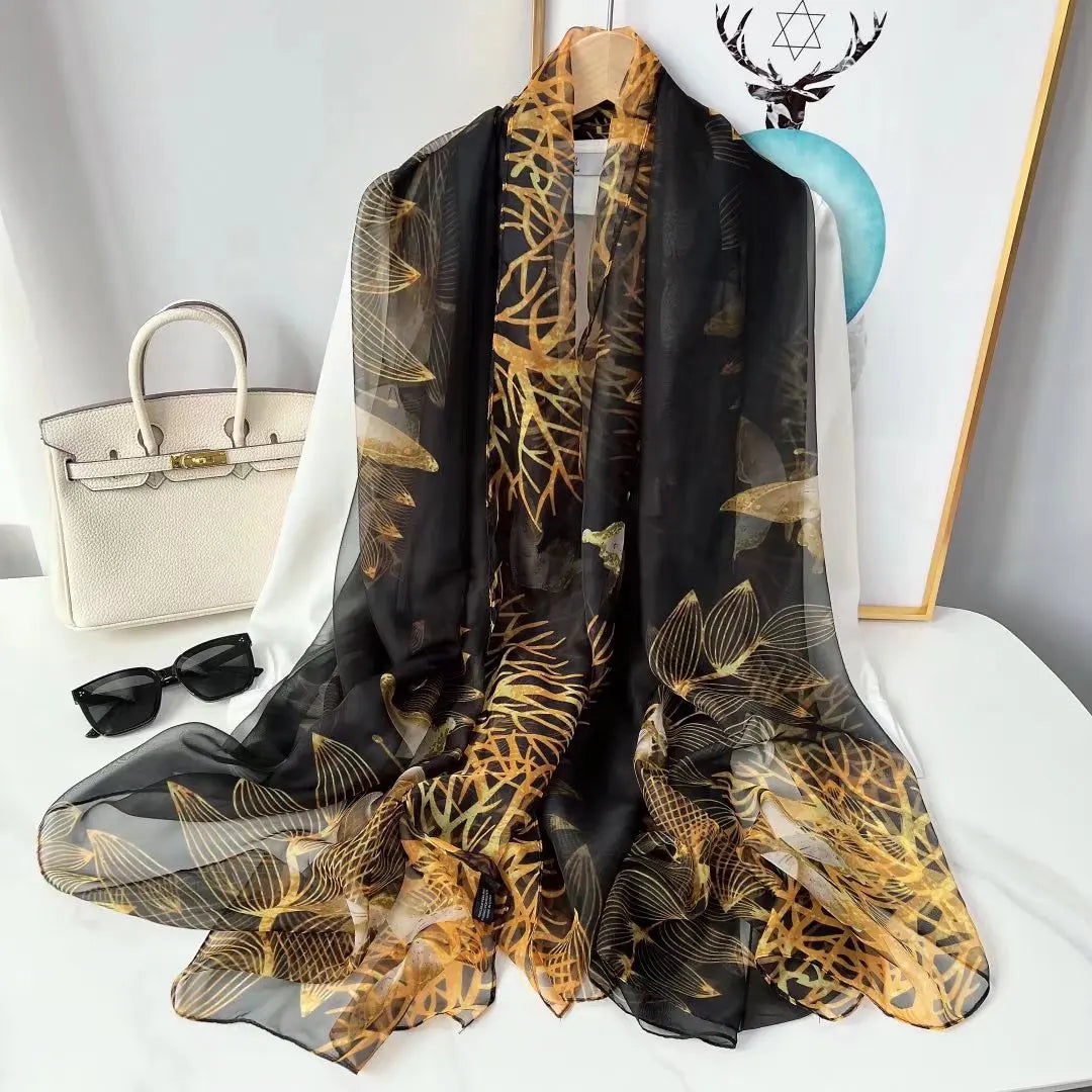 Print Silk Scarf Hijab Women Spring Deisgn Soft Beach Stoles Elegant Head Scarves Echarpe Shawl Satin Large Wrap Echarpe Bandana see chart 22