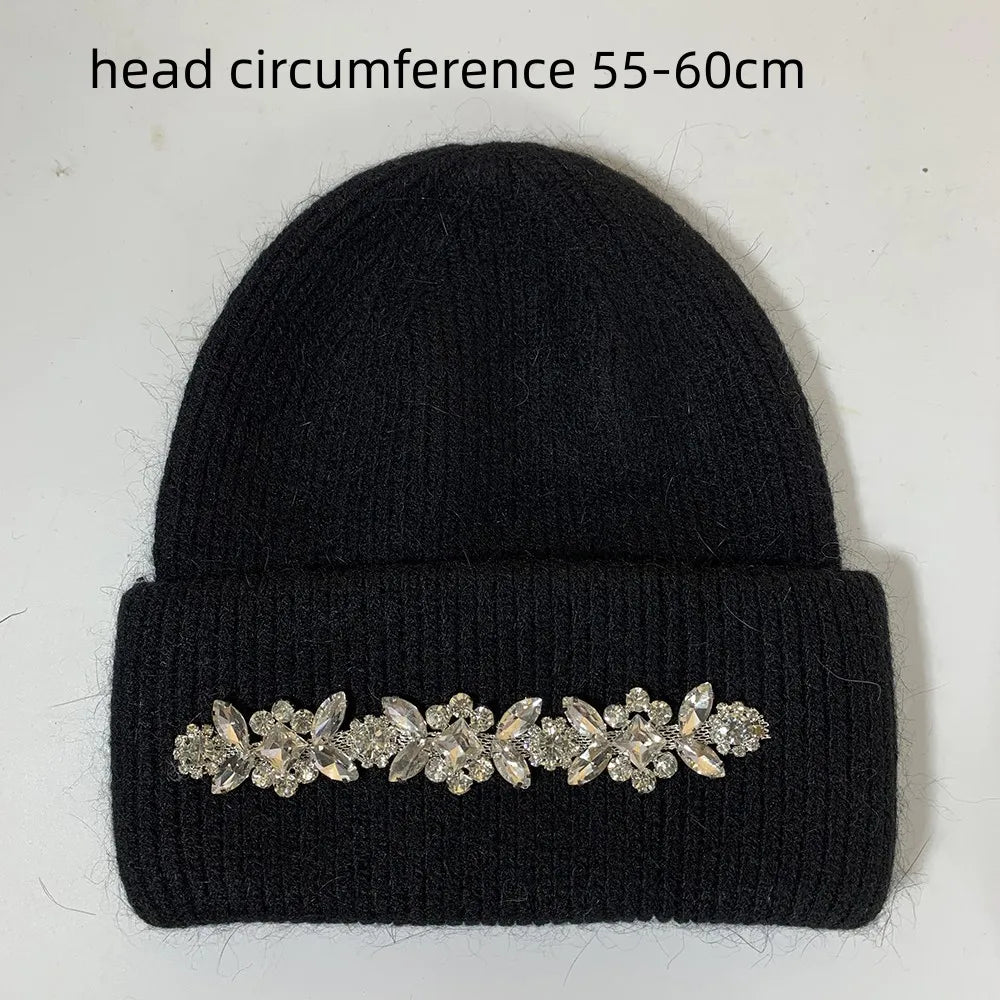 Real Rabbit Fur Knitted Hats for Women Winter Warm Beanie Luxury Rhinestones Bonnet Lady Outdoor Skiing Skullies Beanies Caps black