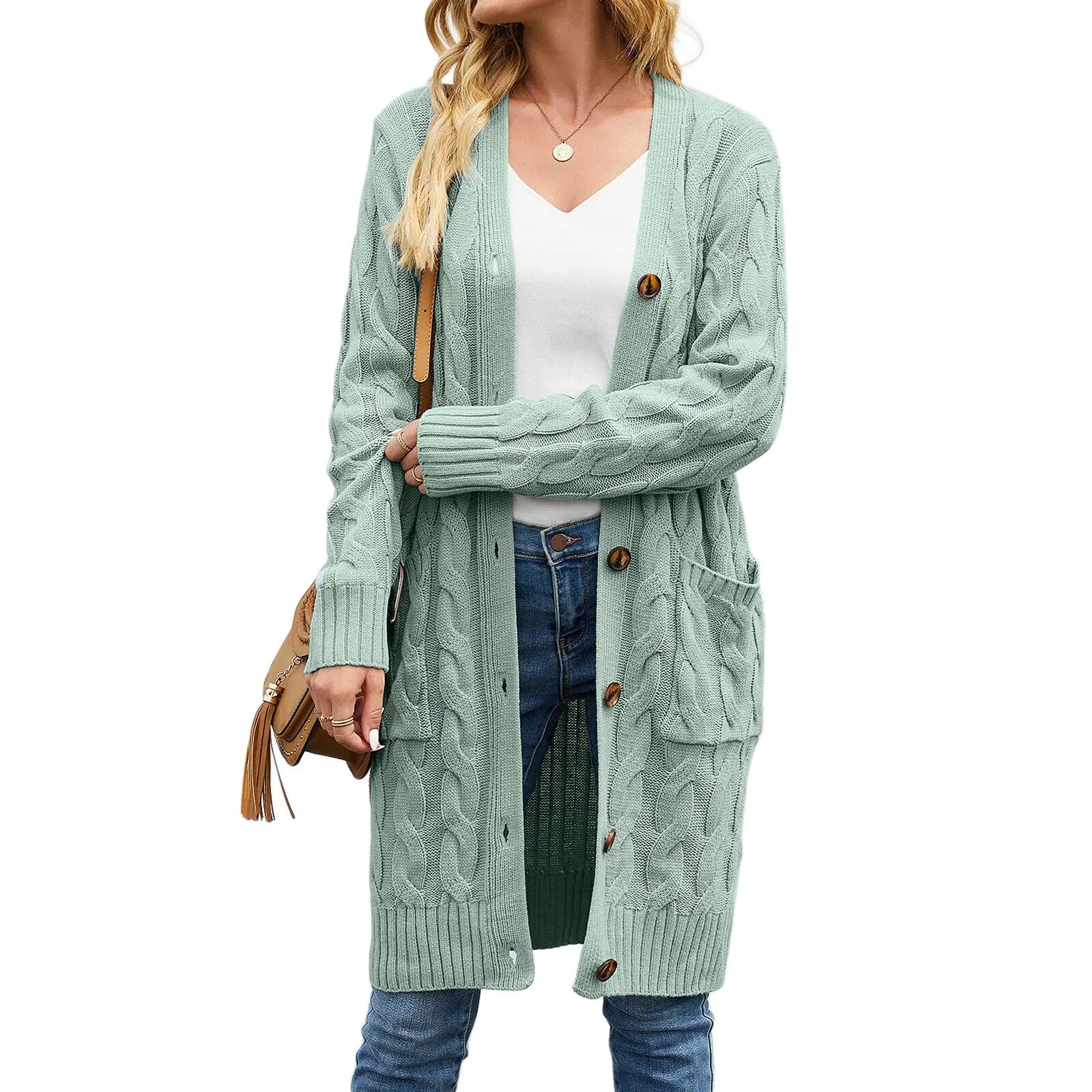 Female Cardigan Solid Color Long Sleeve Sweater Knitted Coat with Pockets for Spring Fall S M L Turquoise
