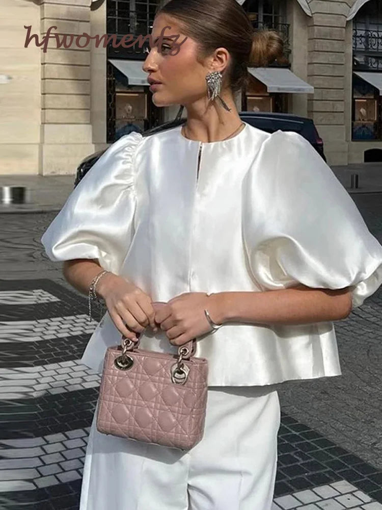 Elegant Satin Ruffle Shirt for Women Lantern Short Sleeve Loose O-neck Female Top Spring Summer Fashion Lady Streetwear