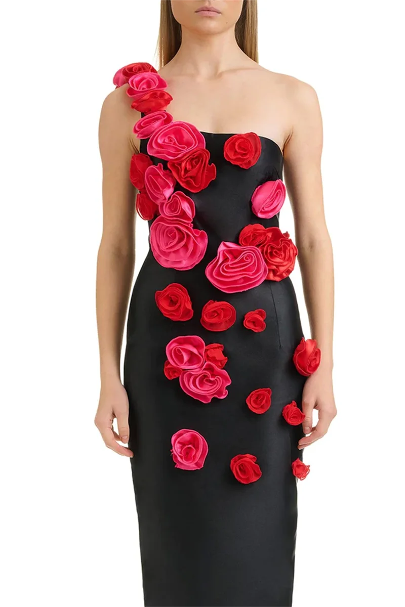 High Quality Red Flowers Strapless Black Bandage Ankle Length Dress Elegant Woman Evening Party Dress Cocktail Party Vestido