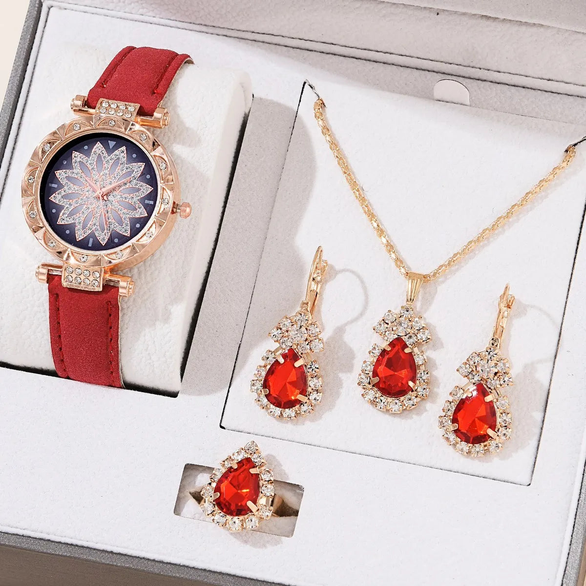 5pcs Set Watches For Women Leather Band Ladies Watch Simple Casual Women's Analog WristWatch Bracelet Gift Montre Femme 5pcs set Red