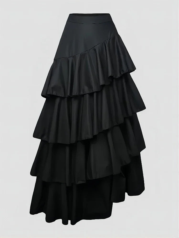 Women's High Waist Layered Ruffle Maxi Cake Skirt Elegant Party Wedding Guest Y2K Solid Vintage Black Solid A Line Skirts