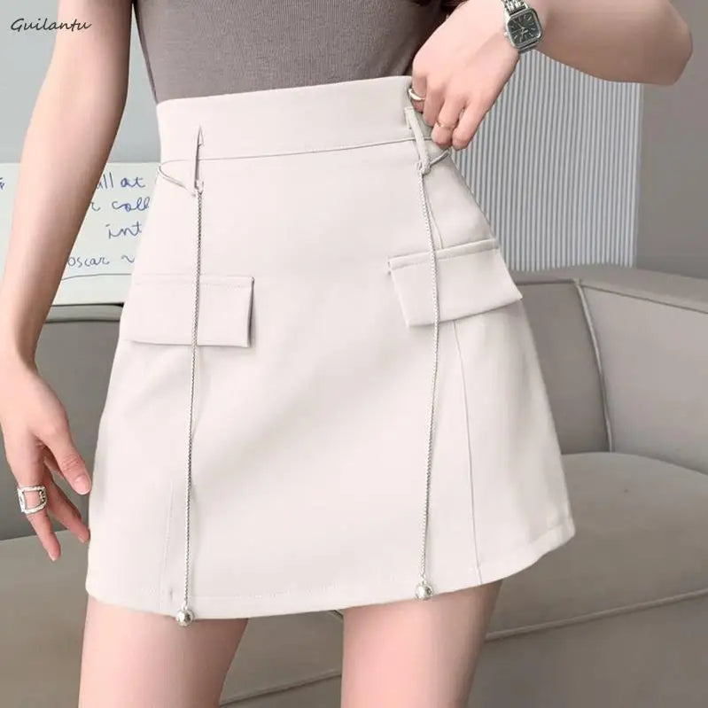 Summer Women High Waist Office Mini Skirt Elegant Casual Black White A-line Short Skirts Korean Style Y2k Streetwear Cargo Skirt WHITE