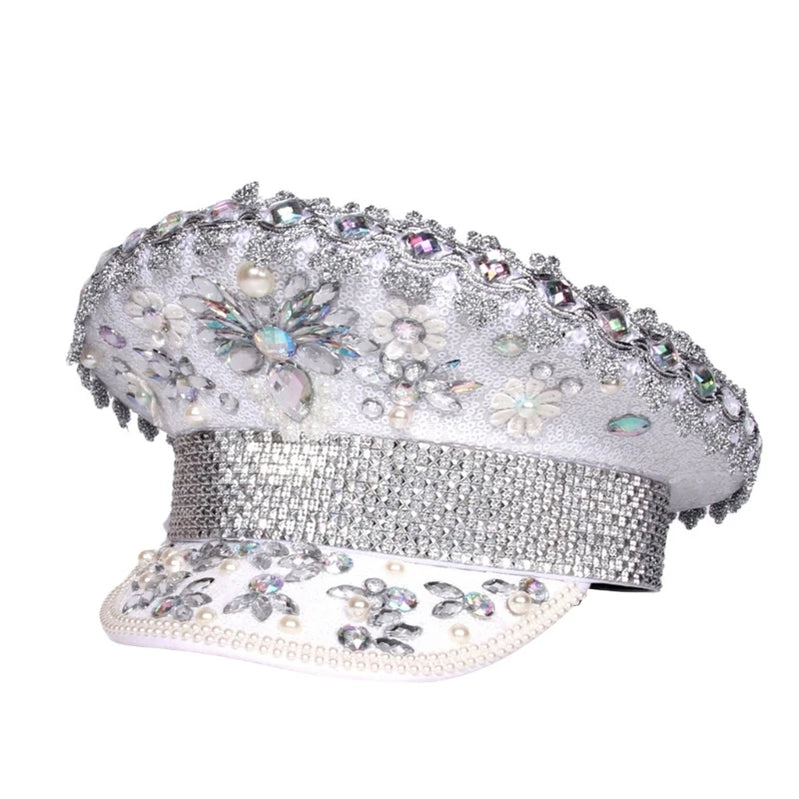 Rhinestones Bridal Hat for Wedding Glittering Fedora Sequin Hat Novelty-Party Hat Holiday Captain Hat for Bridal Shower 56 60cm 1