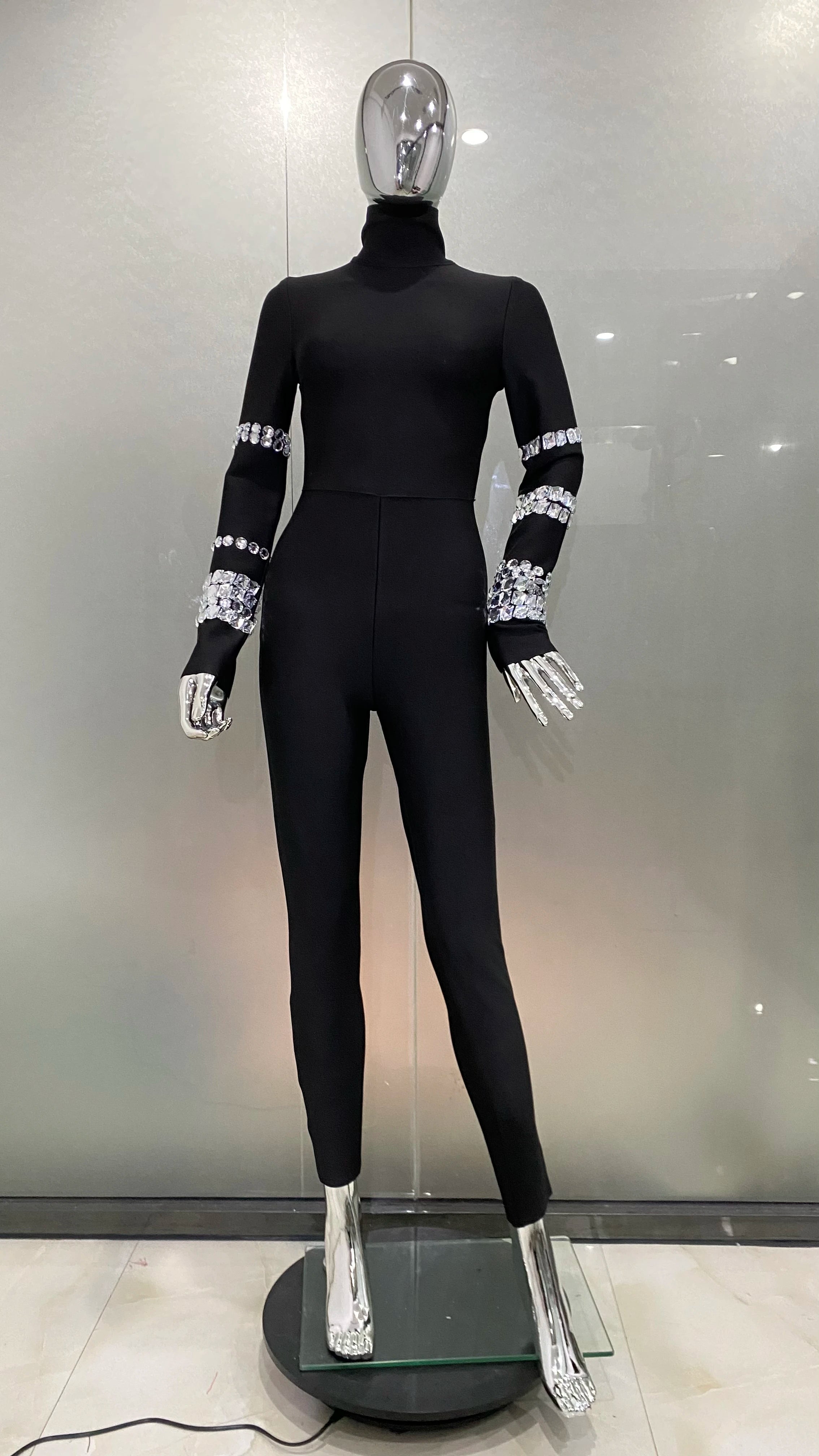 New Arrival Shining Diamonds Sleeve Black Bodycom Bandage Jumpsuit Fashion Woman Party Outfit Nightclub Performance Costume