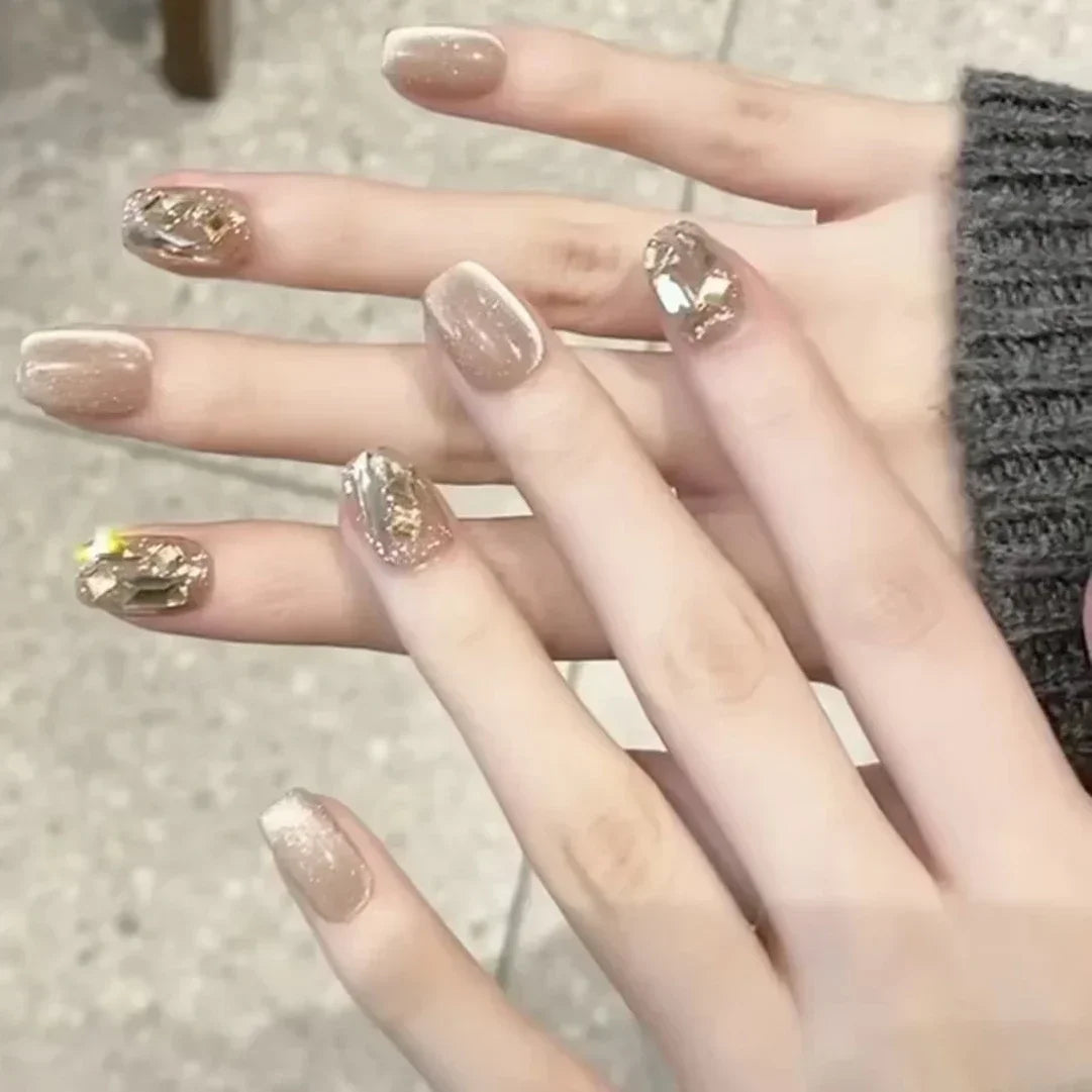 Shiny Crystal Glitter Powder Cat Eye Rhinestone Pearl Short Fake Nails Art Korean False Nails Zircon DIY Press on Nails Manicure