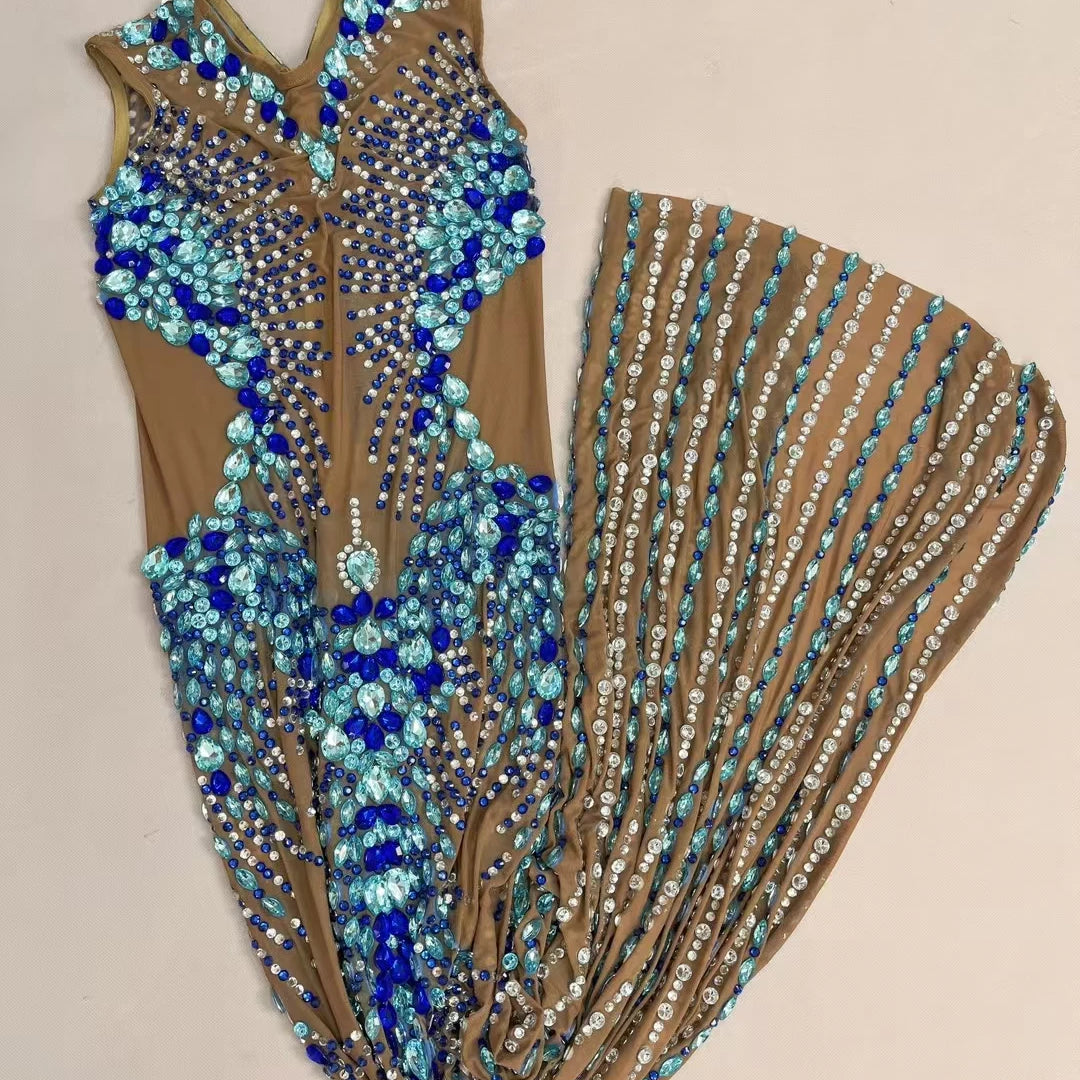 Sparkling Rhinestone See Through Mesh Evening Gown Birthday Celebrate Prom Sexy Long Dress Nightclub Cocktail Party Lantianyise