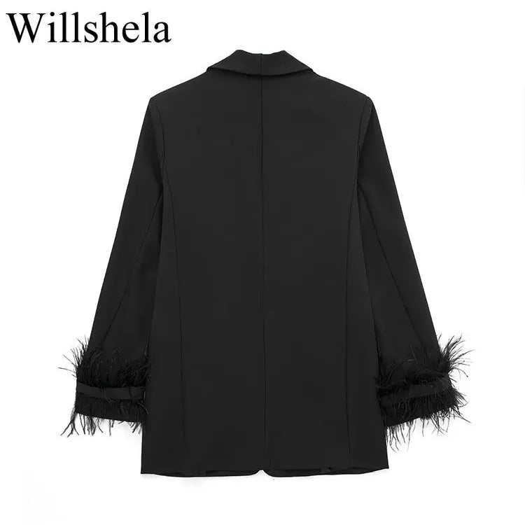 Women Fashion Satin Black With Feather Blazer Jacket Vintage Notched Neck Single Button Long Sleeves Female Outfits