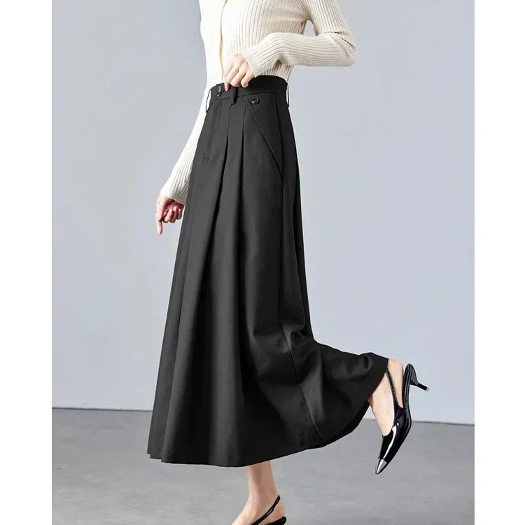 Vimly High Waist Swing Maxi Skirt for Women Spring Solid Elegant Office Lady Khaki A-line Long Skirts Womans Clothing M2689