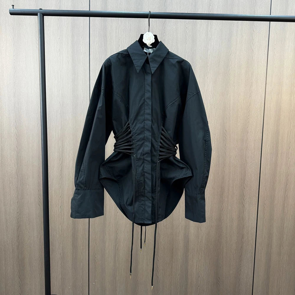 TWOTWINSTYLE Solid Spliced Lace Up T Shirts for Women Lapel Long Sleeve Patchwork Single Breasted Fashion Top Female Clothing