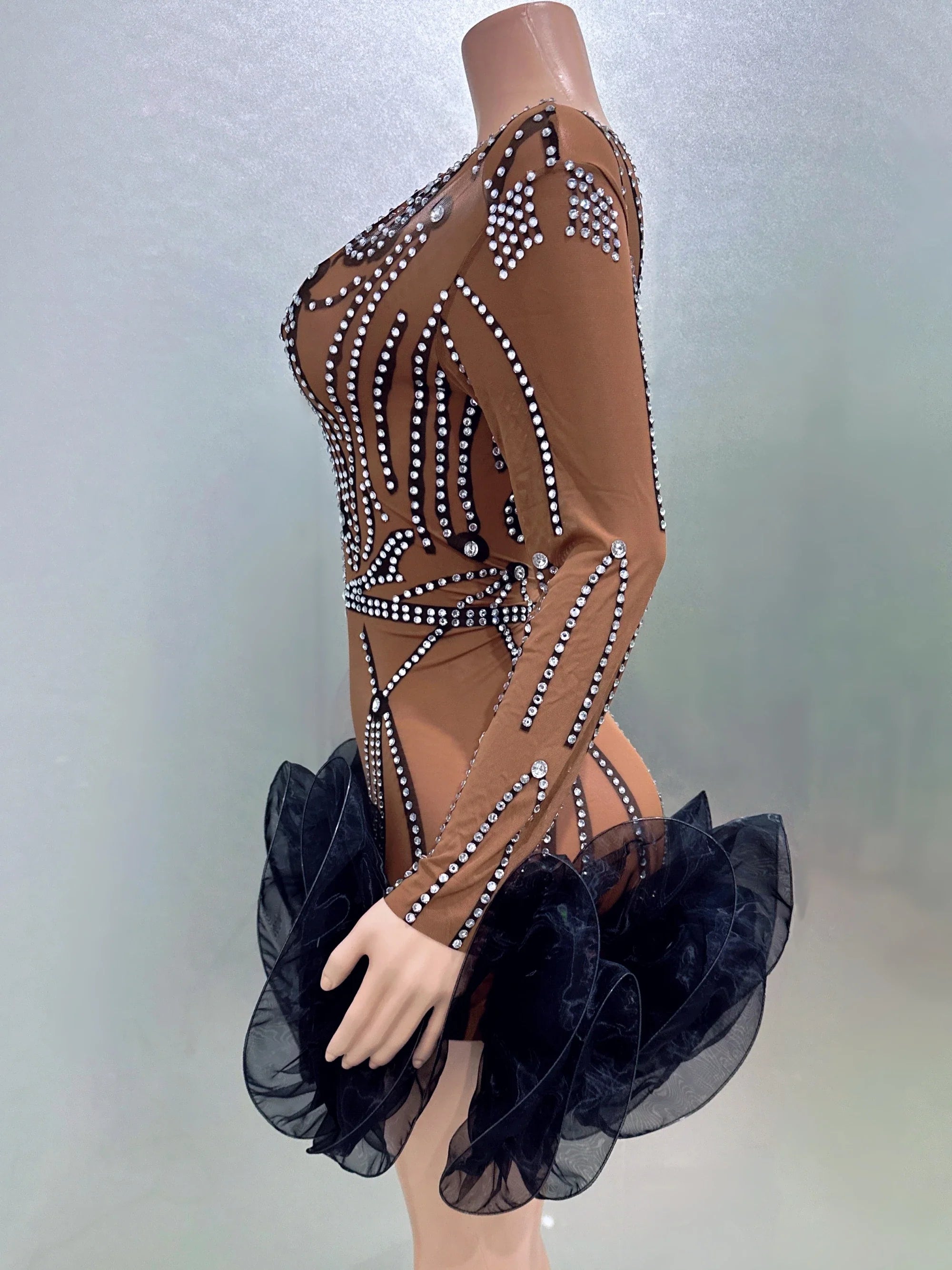 STOCK Women Long Sleeve Sexy Mesh Bodycon Ball Gown Mini Dress Bar Singer Nightclub Party Celebrate Performance Costume Wear