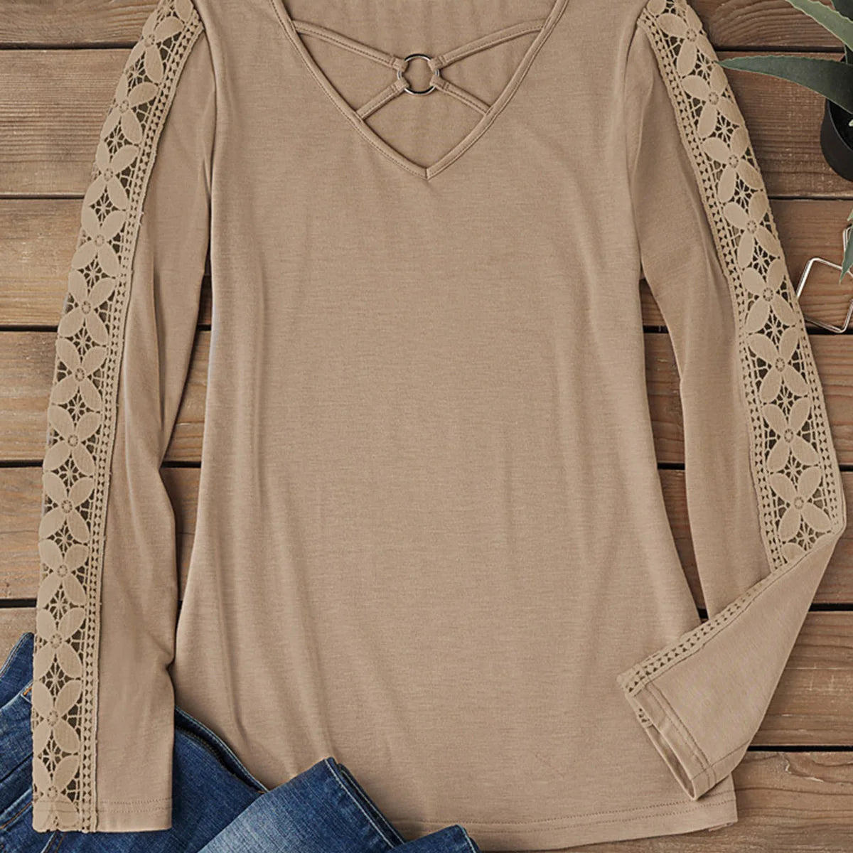 Spring Lace Stitching Criss-Cross Long Sleeve Blouse Women V-Neck T-Shirts Office Blouse Elegant Fashion Female Vintage Top