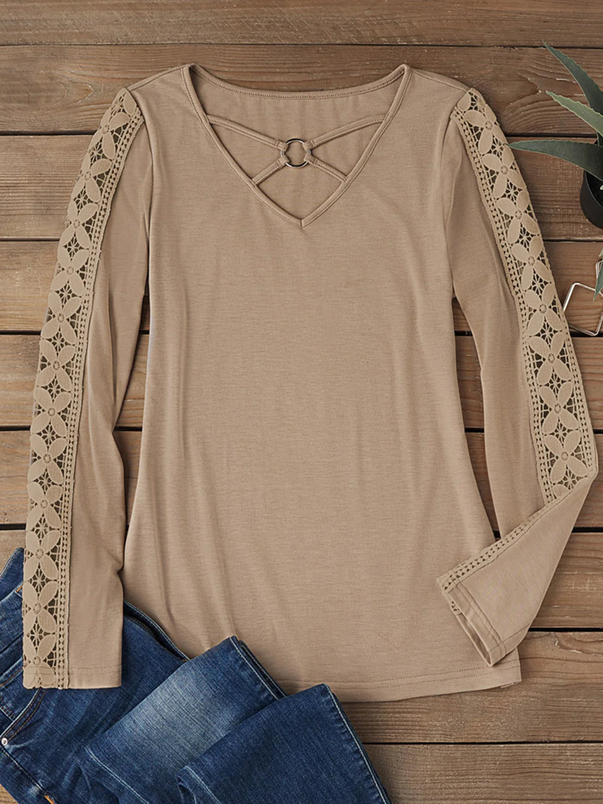 Spring Lace Stitching Criss-Cross Long Sleeve Blouse Women V-Neck T-Shirts Office Blouse Elegant Fashion Female Vintage Top