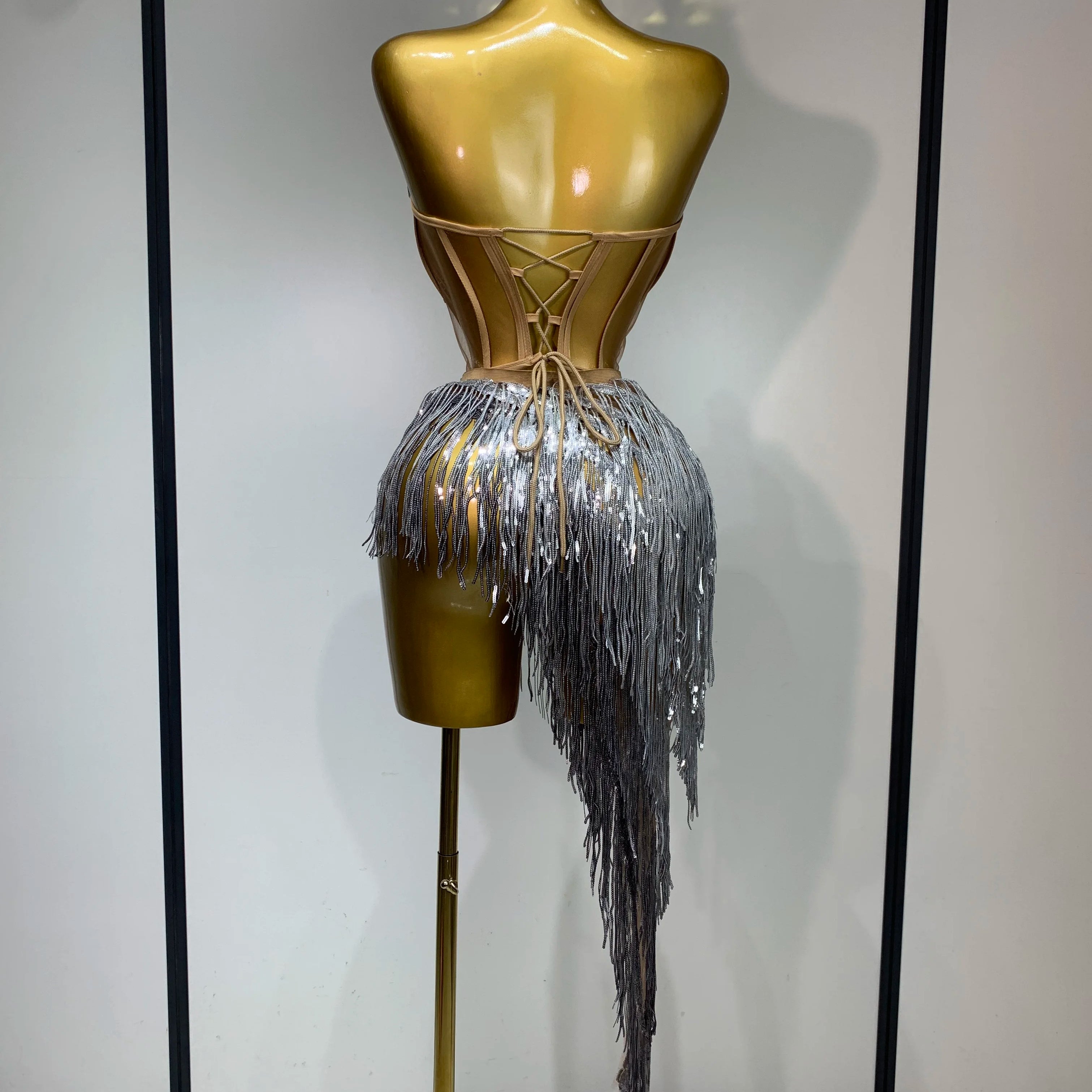 Sexy Sparkly Diamond Tassel Two Piece Set Women Evening Party Luxury Birthday Nightclub Singer Dancer Performan Stage Costume