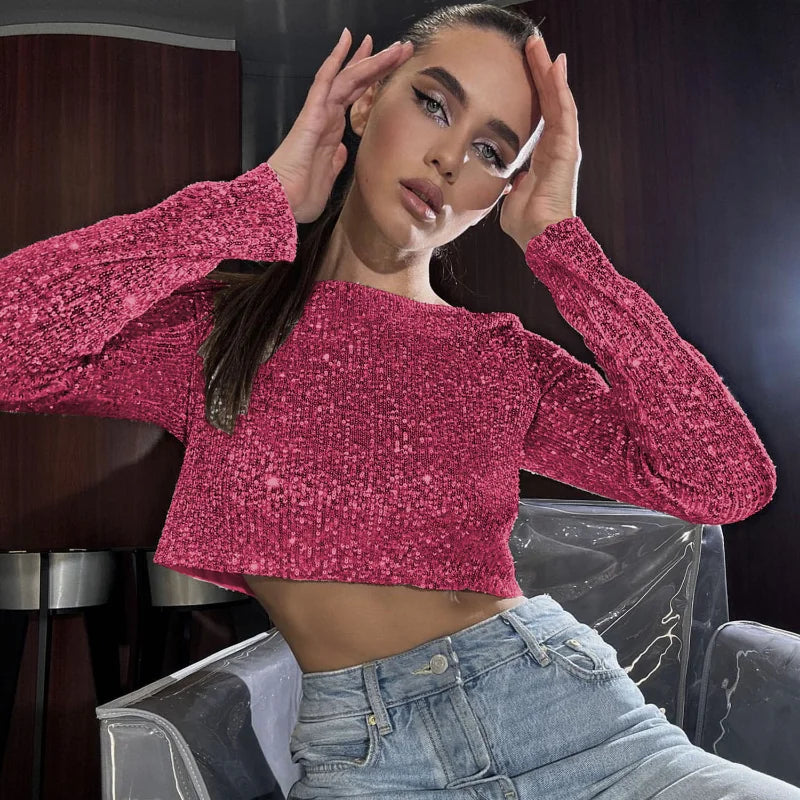 Glitter Sequin Crop top Autumn Winter Slim Long Sleeve Women Basic Solid Casual Top For WomenY2k Shiny Sequined Tshirts Red