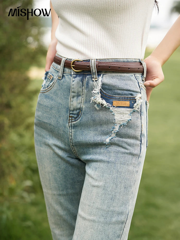 Women's Straight Leg Jeans Summer Denim Retro High Waist Contrast Color Pockets Dilapidated Casual Pants