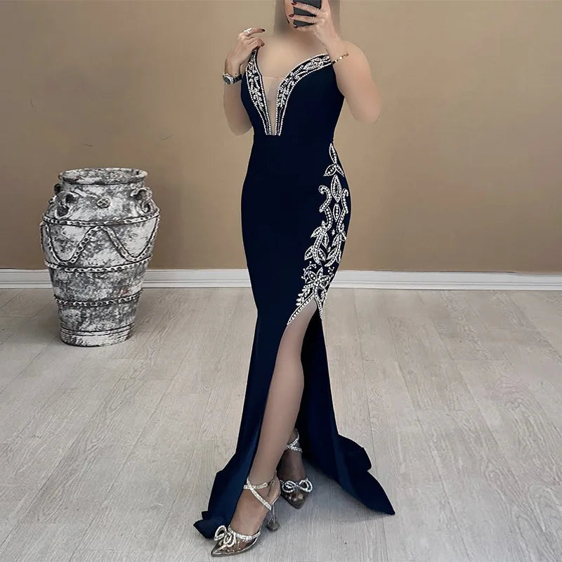 Women Shinning Crystal Strapless Off the Shoulder Bodycon Long Bandage Dress Elegant Evening Party Birthday Outfit