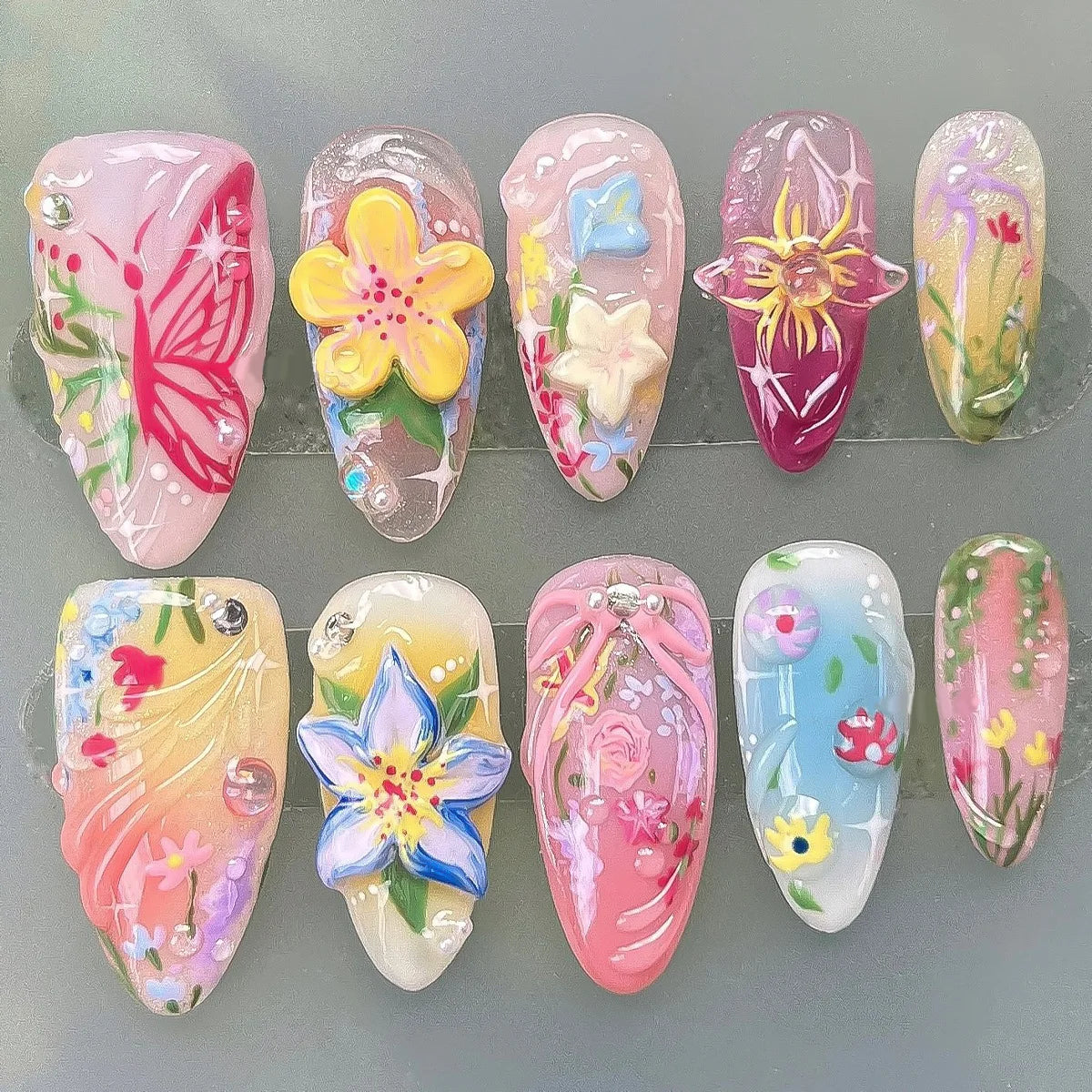 24Pcs Mid-length Almond Press on Fake Nails 3D Colorful Smudge Flower French False Nails Rhinestone Reusable Full Cover Nail Tip