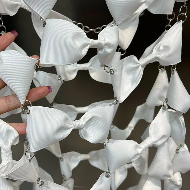 DEAT New Items Women's Metal Chain Bow Spliced Hollow Out Dress Spring Backless Sleeveless Pullover Dresses Female 11XX6527