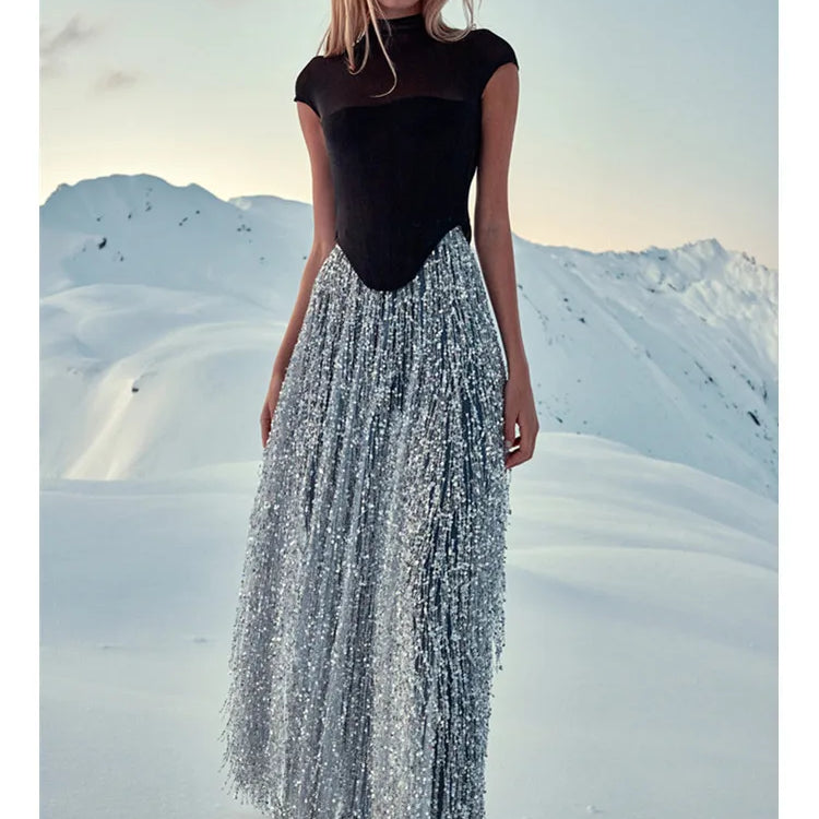 Conjunto de saia longa justa prateada, sexy, manga curta, malha, lantejoulas, para mulheres, celebridades, 2025, elegante, para festa à noite