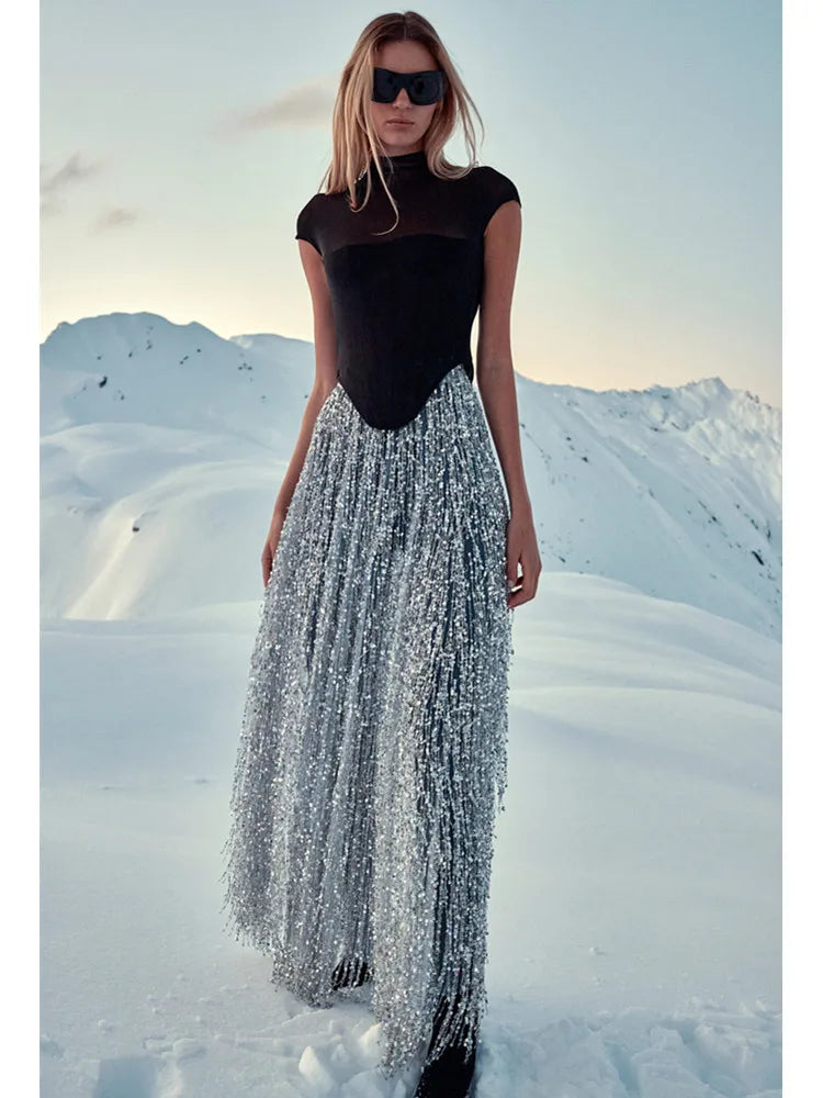Conjunto de saia longa justa prateada, sexy, manga curta, malha, lantejoulas, para mulheres, celebridades, 2025, elegante, para festa à noite