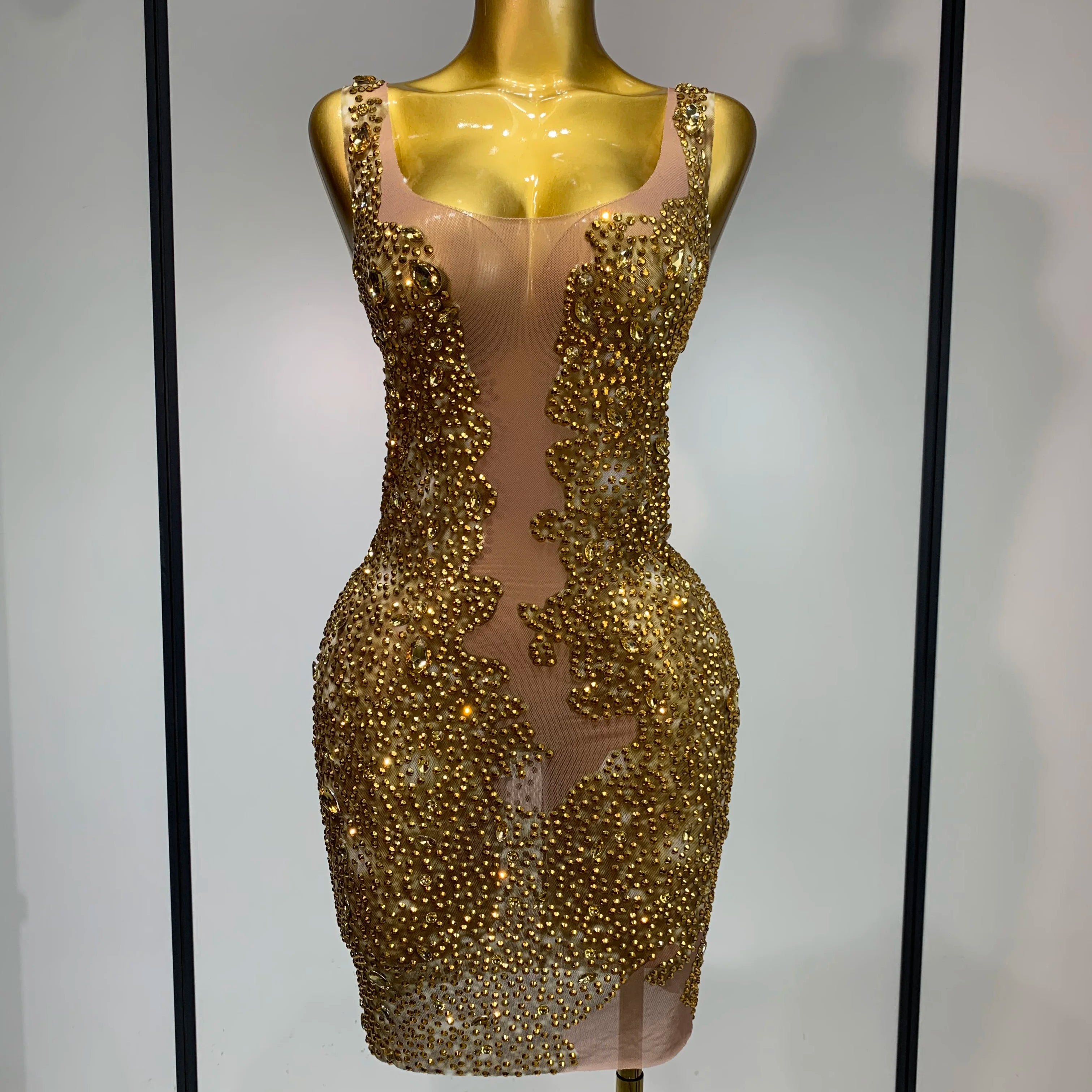 Women Sexy Stage Perform Outfit Club Gown Shining Gold Rhinestones Elegant Mesh Dress Birthday Evening Party Photoshoot Costume