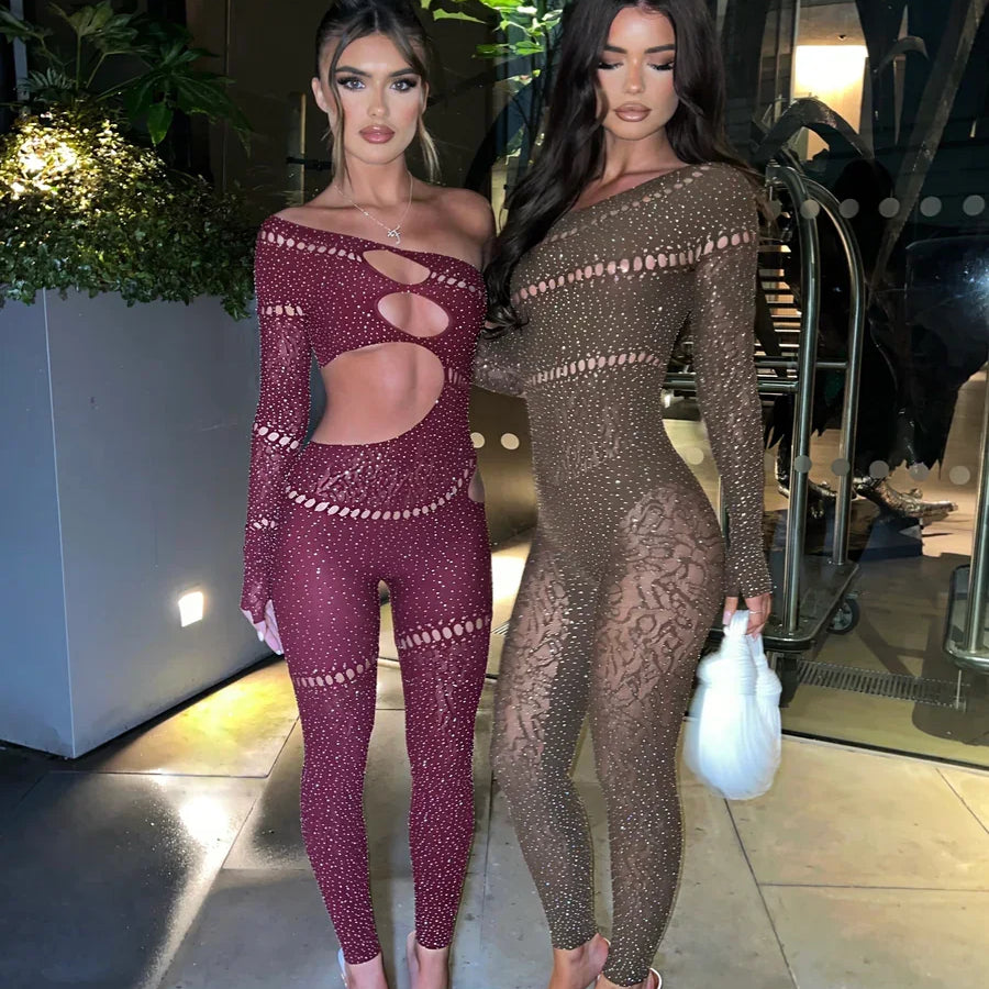 Womens One Piece Nightwear Party Clubwear Bodycon Rhinestone Crystal Bodystocking Jumpsuit Lingerie DY-008 wine red One Size