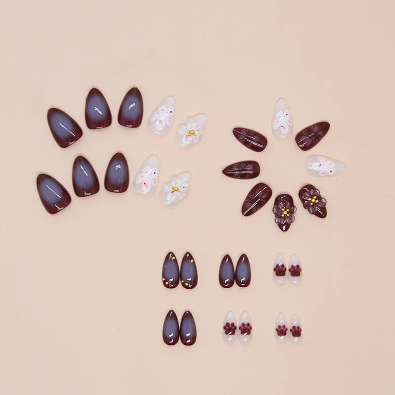24pcs 3D Purple Flowers False Nails Cat Paw Printed Decor Press on Nails Wearable Detachable Fake Nail Patches Free Shipping
