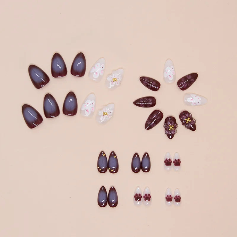 24pcs 3D Purple Flowers False Nails Cat Paw Printed Decor Press on Nails Wearable Detachable Fake Nail Patches Free Shipping