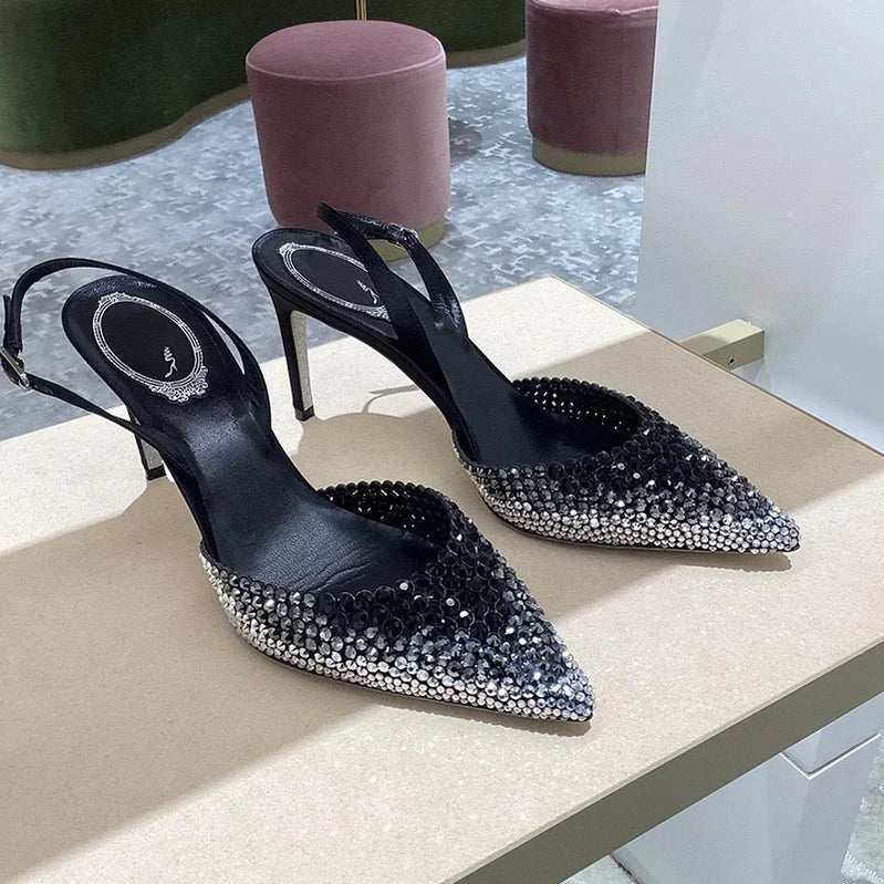 Sandálias Baotou com strass e salto alto em degradê, moda feminina, sandálias deslumbrantes para vestido formal, sapatos de banquete