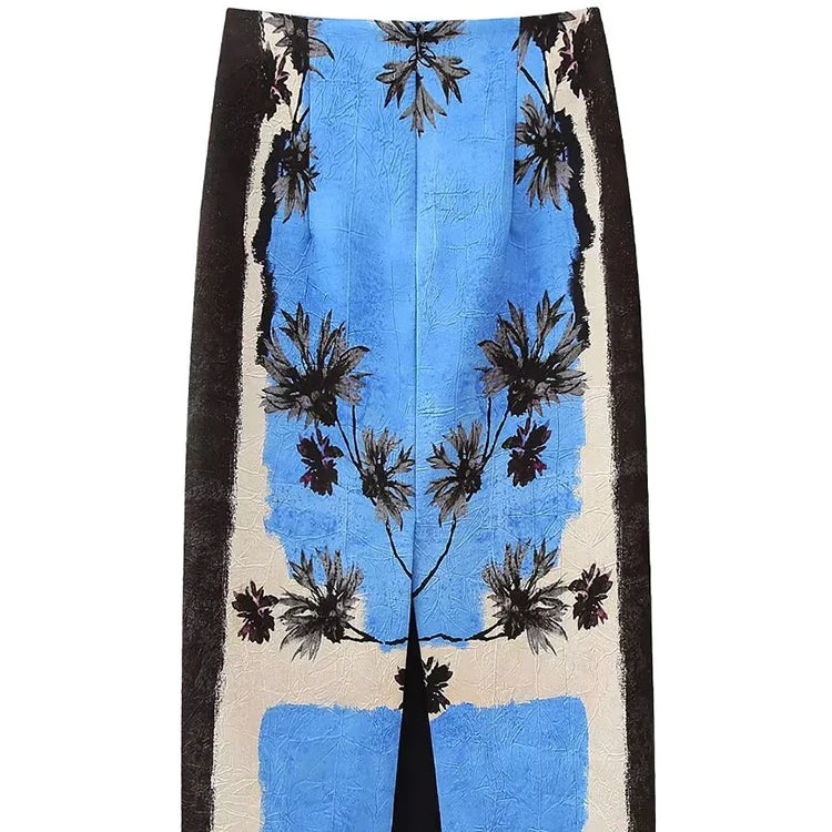 TRAFZA Summer New Fashion Holiday Printed Midi Long Skirt Zipper High Waist A Line Straight Skirts Vent Back Female Y2K