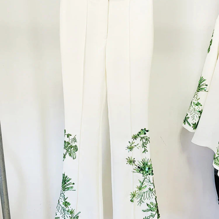 HIGH STREET Newest Designer Suit Set Women's Loose Style Long Sleeve Stunning Beaded Blouse Tops Flare Pants The Pants
