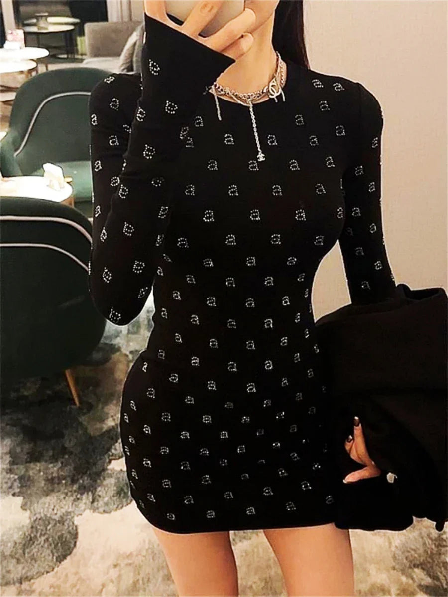 AW Wang Diamond A Letter Slim Fit Stretch Black Long Sleeve Short Skirt For Women Evening Party Dress Vestidos Midi Clothing aw a black