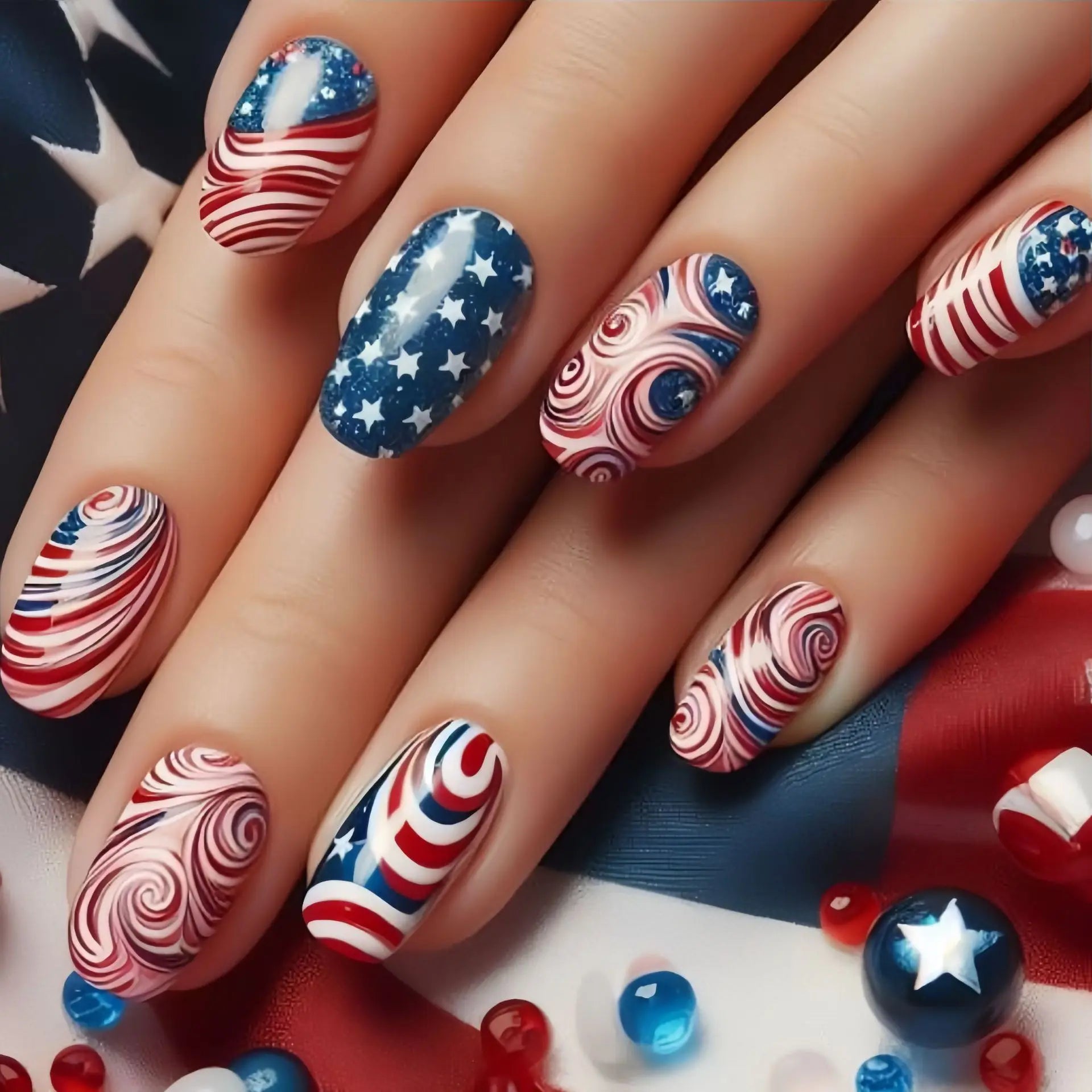 24pcs/set Short Medium square ballet fake nails tip for American Independence Day blue red flowers star flag press on false nail