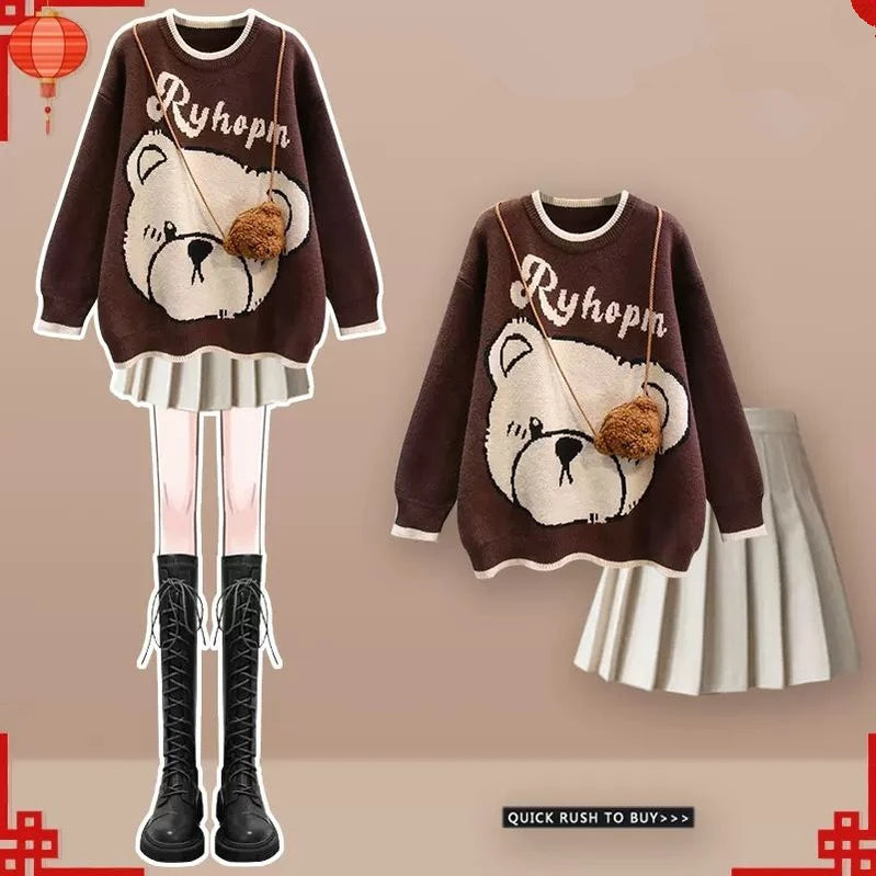 Winter Warm Lucky Red Sweater Pleated Mini Skirts 1 or 2 Piece Set Women Cute Bear Knit Pullover Skirt Outfits Top with Bag Brown Beige Set