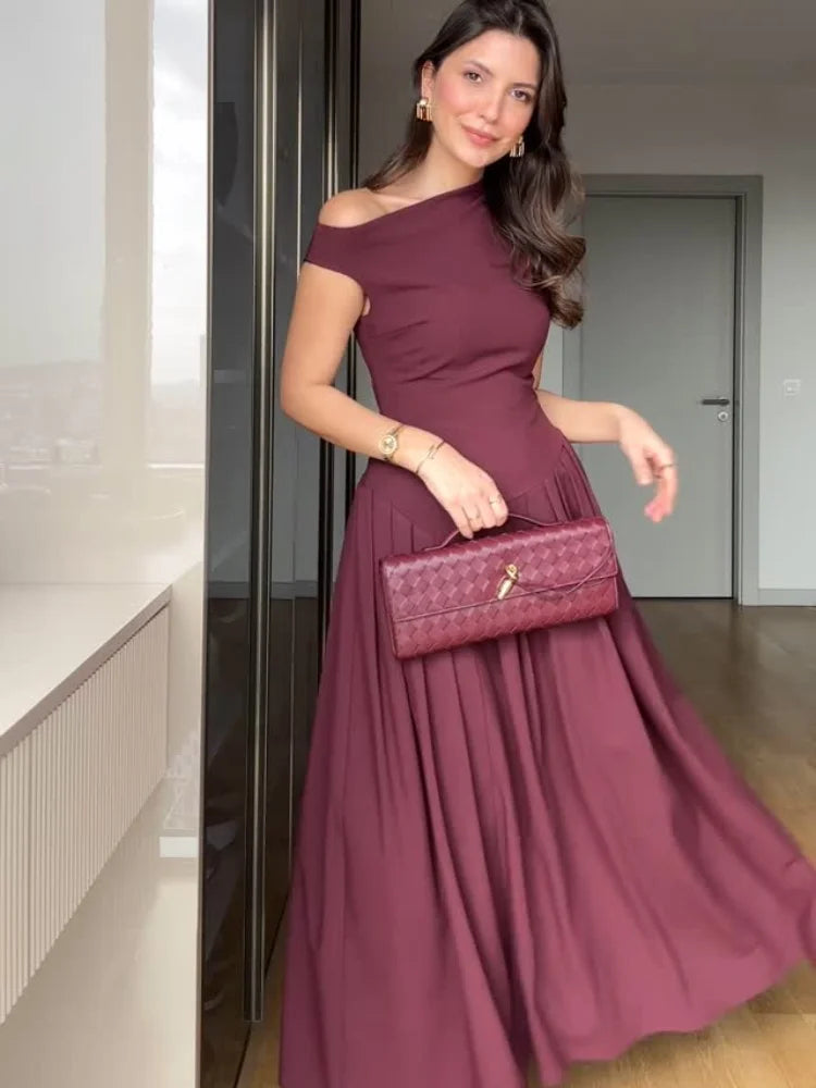 Chic Off Shoulder Irregular Neck Women's Dress Elegant High Waist A-line Hem Pleated Midi Dresses New Summer Lady Commuting Robe