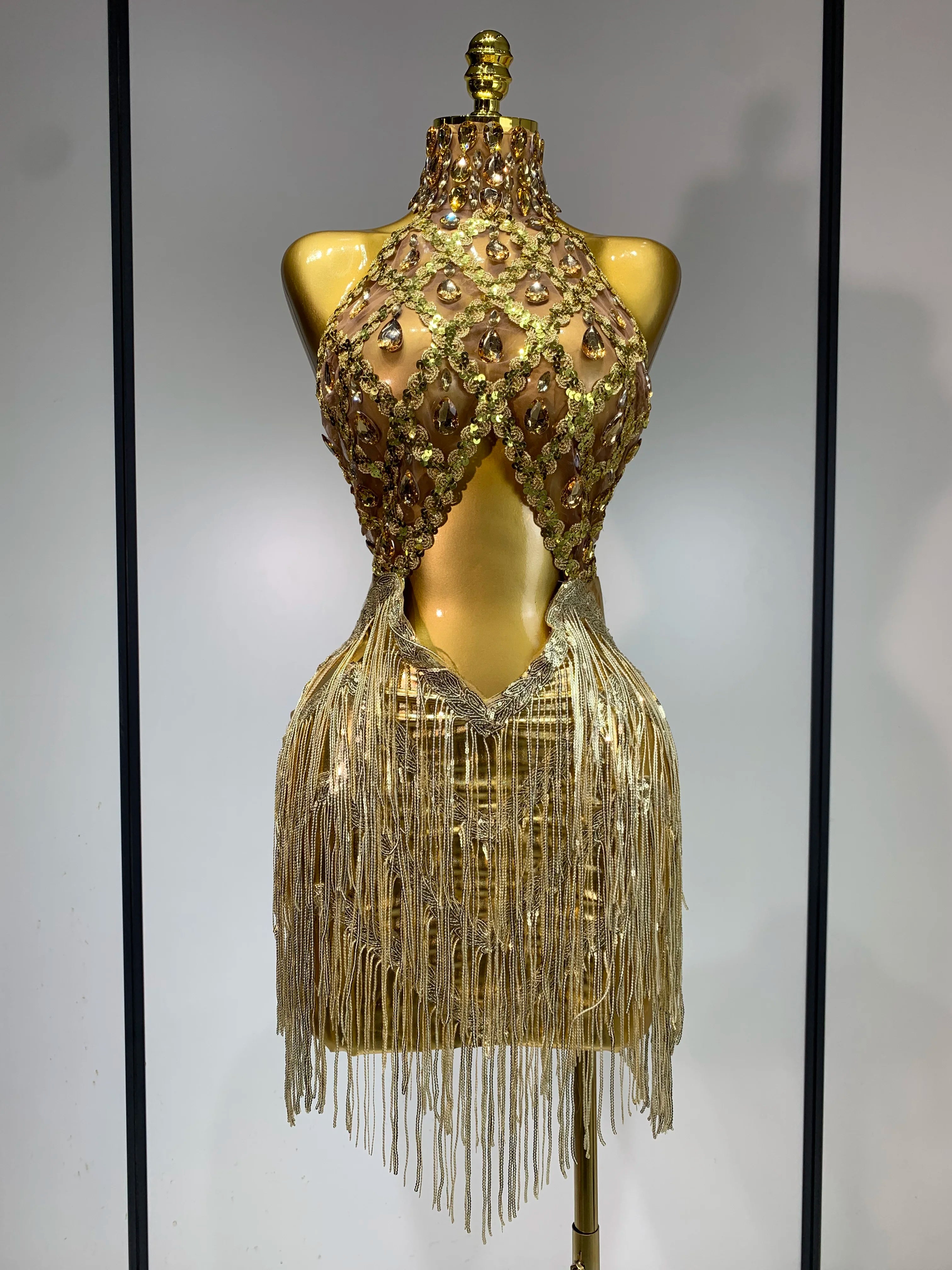 Women Birthday Party Rhinestones Tassels Transparent Short Dress Dance Show 2025 Sexy Fashion Gold Sparkly Stage Costume