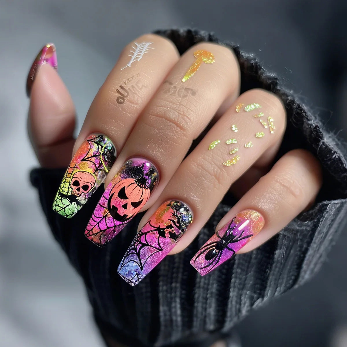 24pcs Mid-length Ballet Fake Nails Art Halloween Pumpkin Spider Design Pink Coffin False Nail Sets Phantom Press on Nails Tips