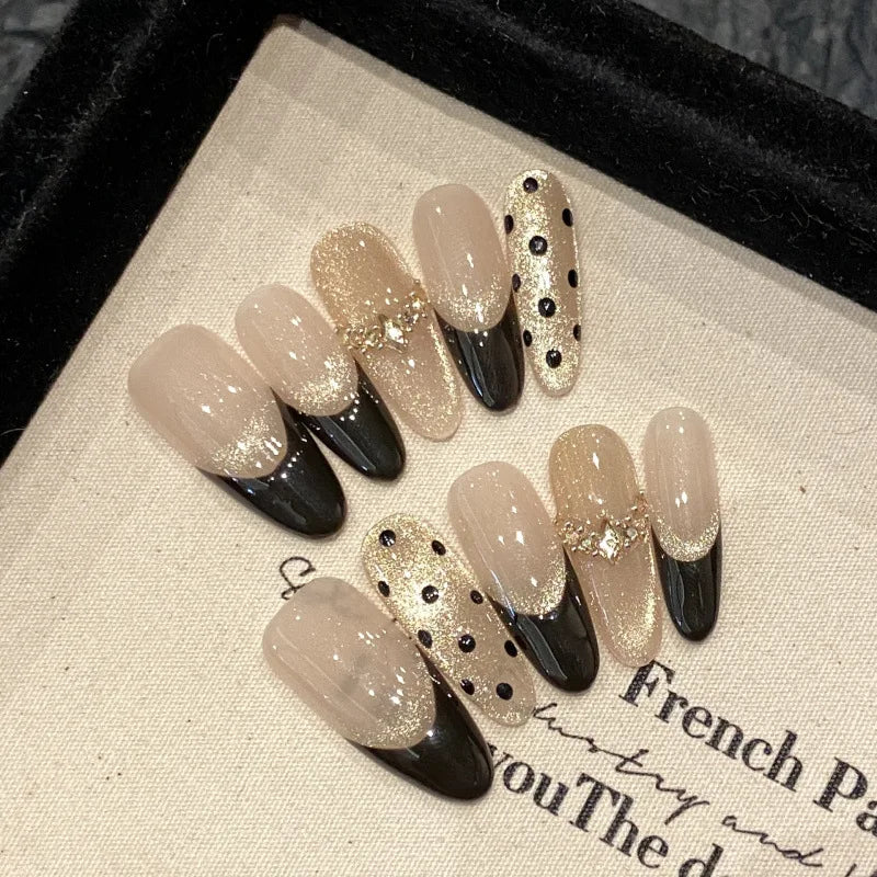 10Pcs False Nails with Rhinestone Cat Eye Press on Nails with Tool Glitter French Fake Nails Handmade Almond Full Cover Nail Art