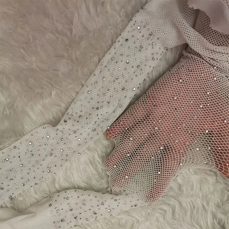 Summer Fishnet Diamond Pantyhose Women Sexy Fashion Shiny Net Tights Female Slim Rhinestone Mesh Nylon Stockings Tights White One Size