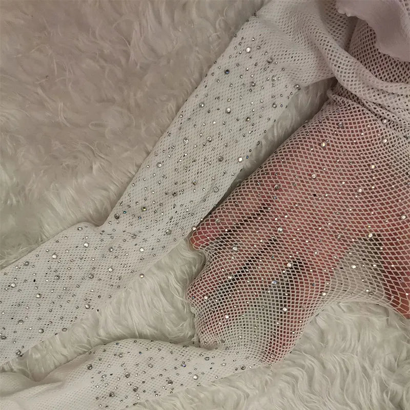 Summer Fishnet Diamond Pantyhose Women Sexy Fashion Shiny Net Tights Female Slim Rhinestone Mesh Nylon Stockings Tights White One Size