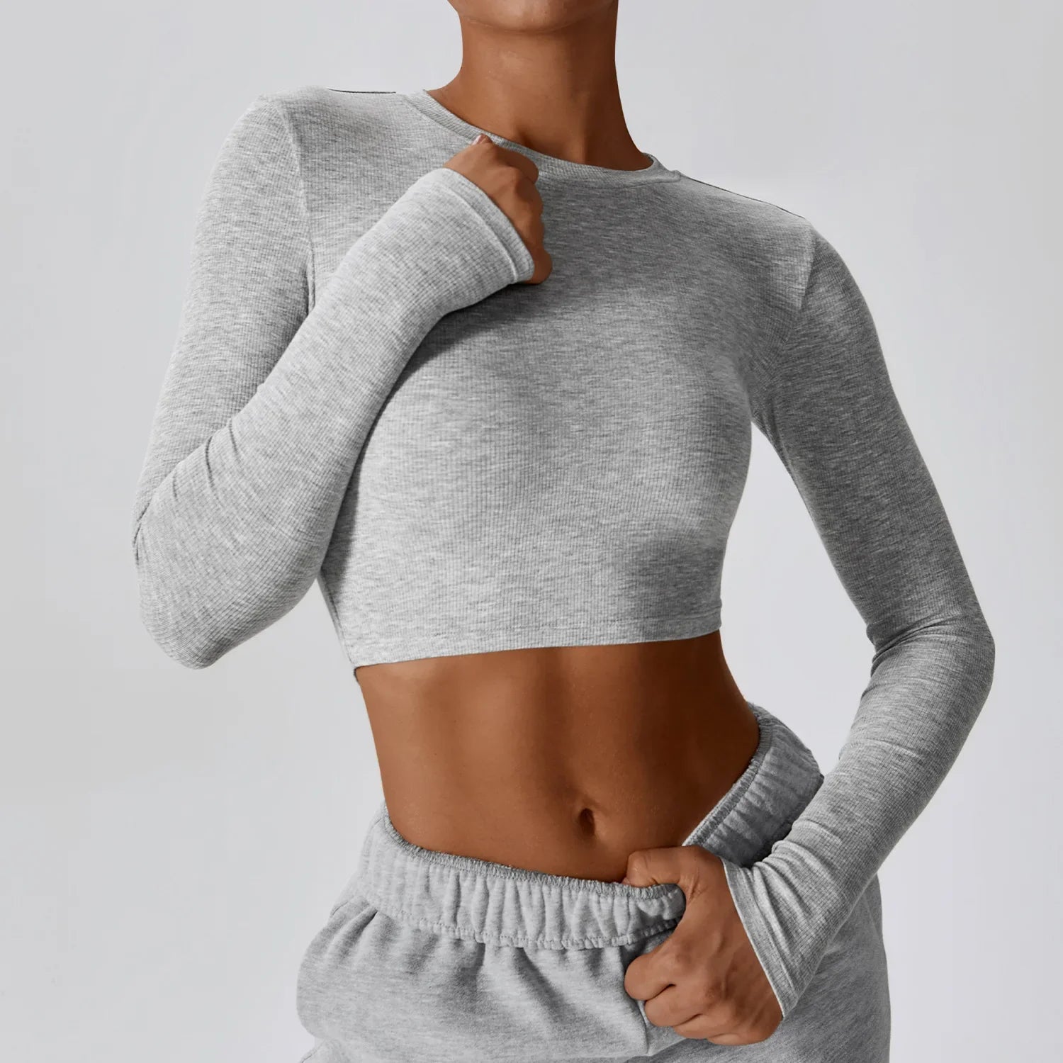 Crop Tops Women Yoga T-shirts Solid Sports Top Long Sleeve Running Shirts Sexy Exposed Navel Quick Dry Fitness Gym Workout Tops Flower Grey CHINA