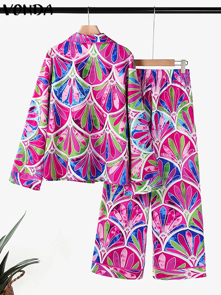 Plus Size 5XL VONDA Women Vintage Printing Long Sleeve Tops Wide Leg Pant Sets Outfits 2025 Casual Loose Bohemian 2 Piece Suits