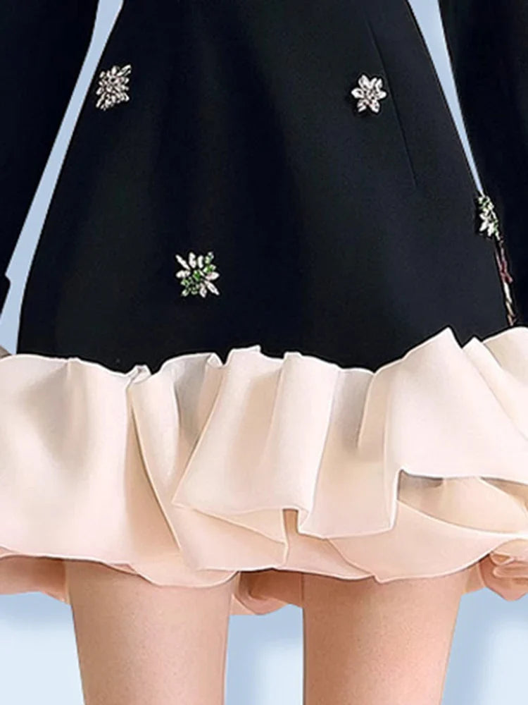 TWOTWINSTYLE Colorblock Patchwork Diamonds Elegant Dresses For Women V Neck Long Sleeve High Waist Spliced Organza Dress Female