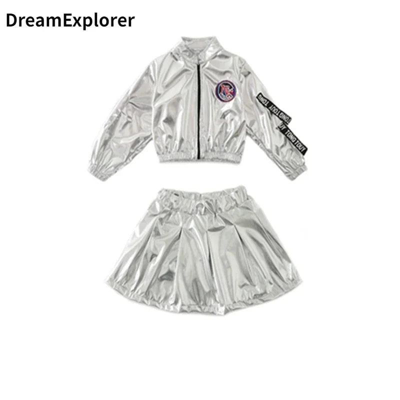 Hip Hop Boys Silver Jacket Girls Jazz Jogger Pants Street Dance Mini Skirt Clothes Sets Kids Sequin Costumes Child Streetwear Girl 2 Pcs Sets